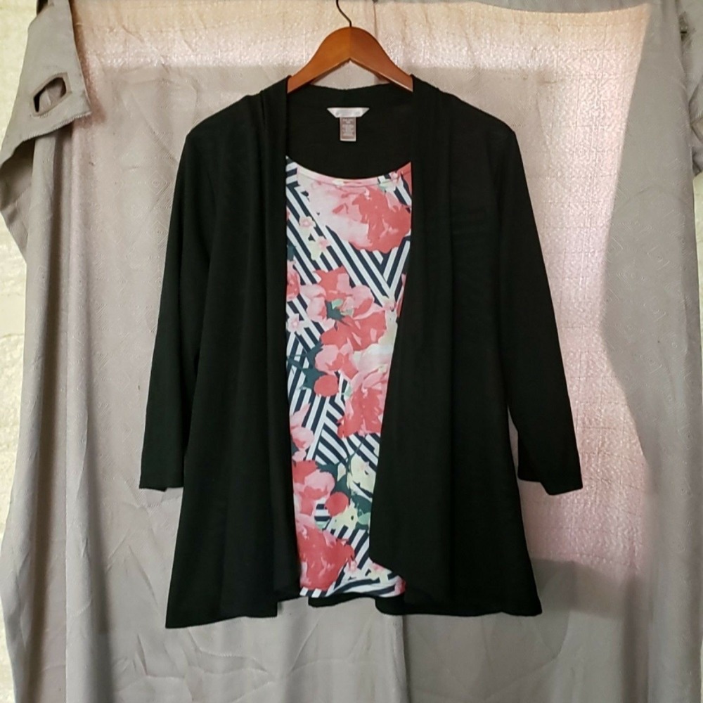 White Stag Top Womens Plus 2XL Black Floral Tank Cardigan 2fer 3/4 Sleeve